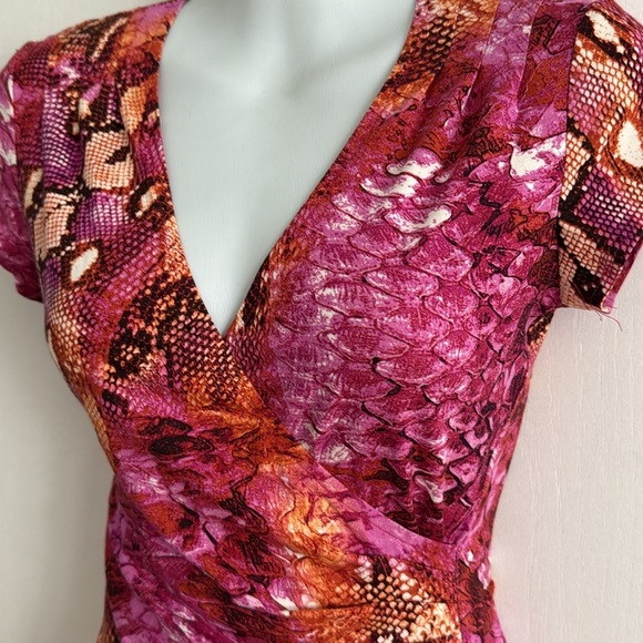Cache Y2K Snake Print Ruched Faux Wrap V-Neck Sheath Dress Pink Mob Wife Size XS - Picture 4 of 10